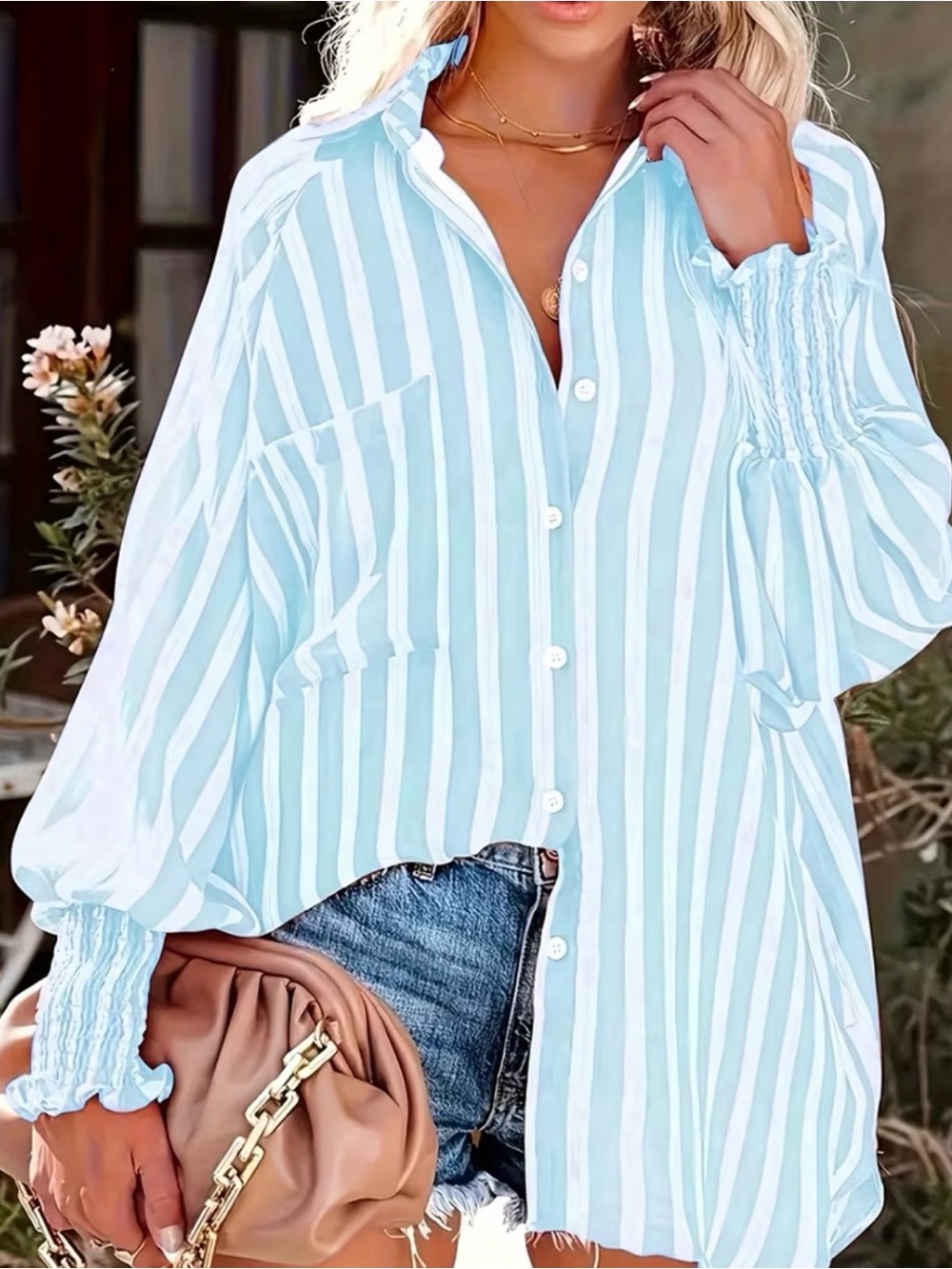 Sky Blue Striped Button-Down Shirt - Women